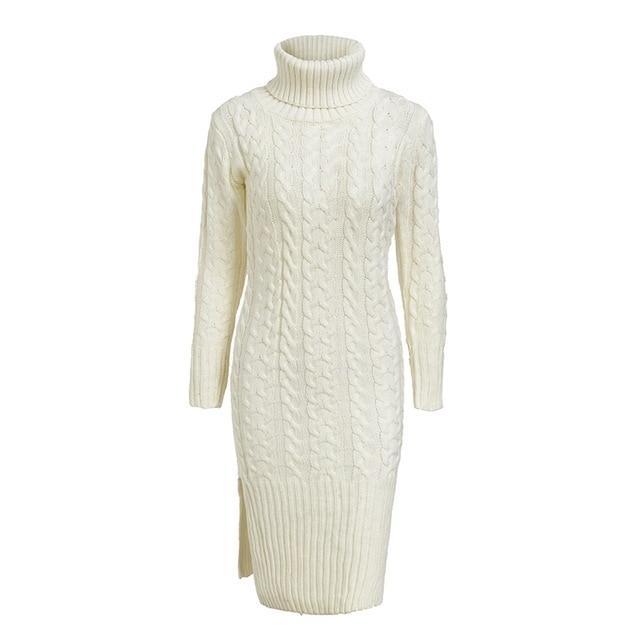 Elegant Side Split Warm Long Sleeve Turtleneck Dress-women-wanahavit-White-One Size-wanahavit