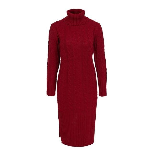 Elegant Side Split Warm Long Sleeve Turtleneck Dress-women-wanahavit-Red-One Size-wanahavit
