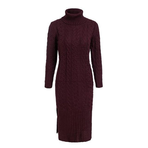 Load image into Gallery viewer, Elegant Side Split Warm Long Sleeve Turtleneck Dress-women-wanahavit-Burgundy-One Size-wanahavit

