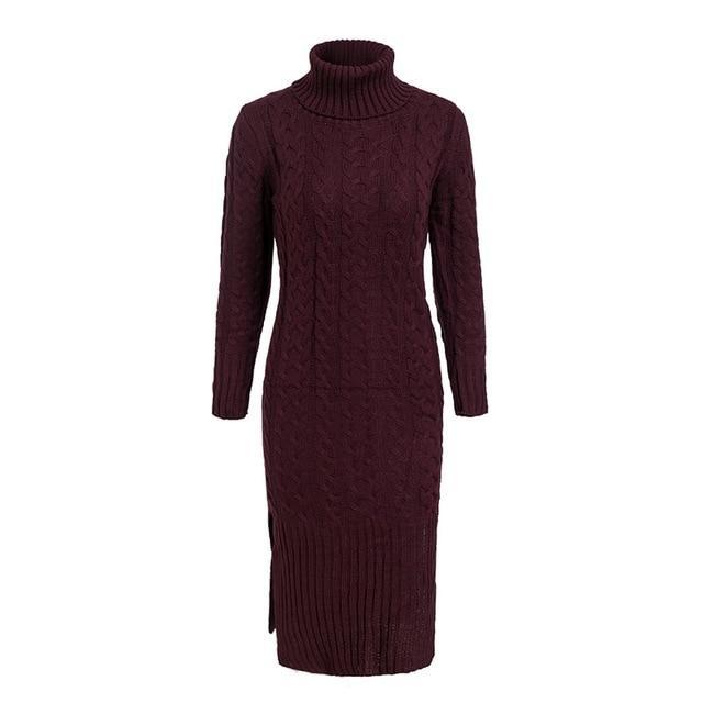 Elegant Side Split Warm Long Sleeve Turtleneck Dress-women-wanahavit-Burgundy-One Size-wanahavit