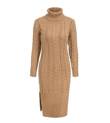 Elegant Side Split Warm Long Sleeve Turtleneck Dress-women-wanahavit-Khaki-One Size-wanahavit