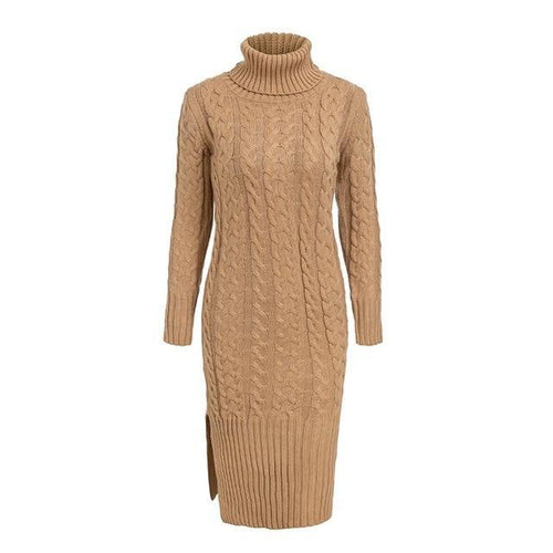 Load image into Gallery viewer, Elegant Side Split Warm Long Sleeve Turtleneck Dress-women-wanahavit-Khaki-One Size-wanahavit
