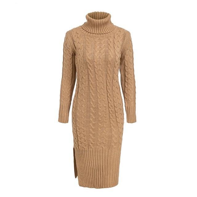 Elegant Side Split Warm Long Sleeve Turtleneck Dress-women-wanahavit-Khaki-One Size-wanahavit
