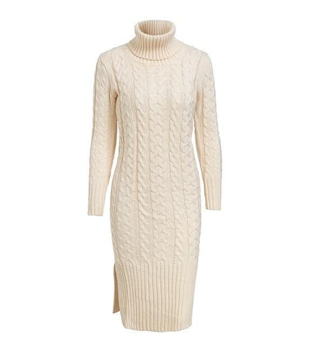 Elegant Side Split Warm Long Sleeve Turtleneck Dress-women-wanahavit-Apricot-One Size-wanahavit