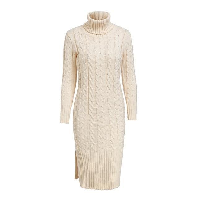 Elegant Side Split Warm Long Sleeve Turtleneck Dress-women-wanahavit-Apricot-One Size-wanahavit