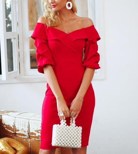 Off Shoulder Bodycon Sexy Backless Ruched Sleeve Dress-women-wanahavit-Red-S-wanahavit