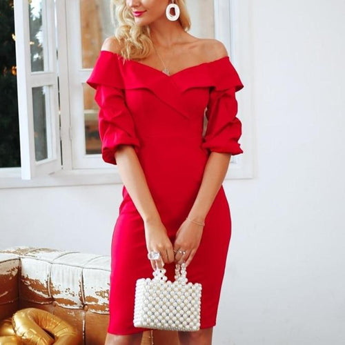 Load image into Gallery viewer, Off Shoulder Bodycon Sexy Backless Ruched Sleeve Dress-women-wanahavit-Red-S-wanahavit
