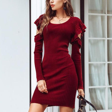 Sexy Bodycon Cold Shoulder Knitted Sweater Ruffles Dress-women-wanahavit-White-S-wanahavit