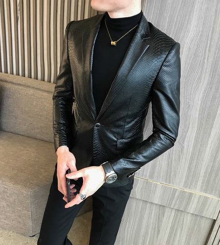 One Button PU Leather Vintage Slim Fit Blazer-men-wanahavit-black 1-M-wanahavit