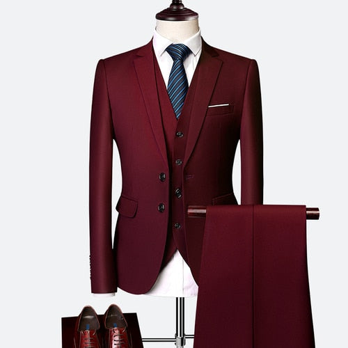 Load image into Gallery viewer, Formal Prom Business Slim Fit Suits Set Jacket, Pants &amp; Vest-men-wanahavit-wine red-XL-wanahavit
