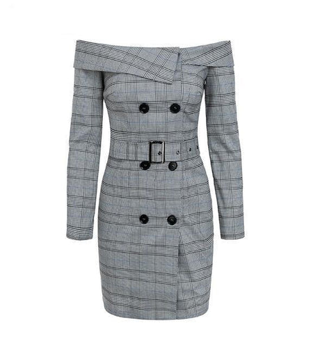 Plaid Gray Ruffle Split Button Buckle Robe Midi Vintage Dress-women-wanahavit-Gray-S-wanahavit