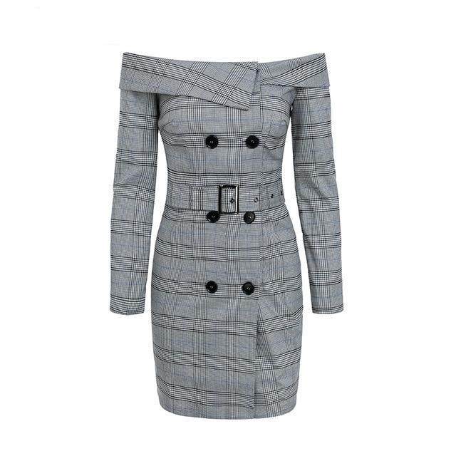 Plaid Gray Ruffle Split Button Buckle Robe Midi Vintage Dress-women-wanahavit-Gray-S-wanahavit