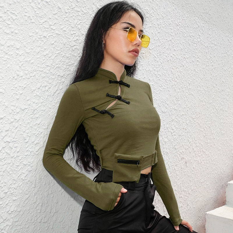 Vintage Sexy Asymmetric Neck Slit Crop Top Korean Long Sleeve-women-wanahavit-green-L-wanahavit