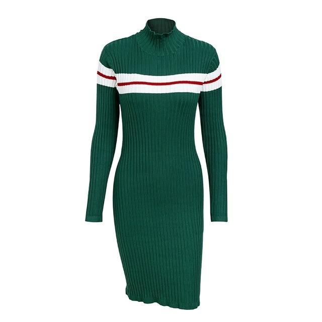 Slim Turtleneck Knitted Stripe Sweater Dress-women-wanahavit-Army Green-S-wanahavit