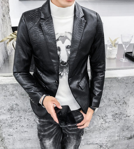 PU Textured Leather Business Korean Solid Color Blazers-men-wanahavit-black-M-wanahavit