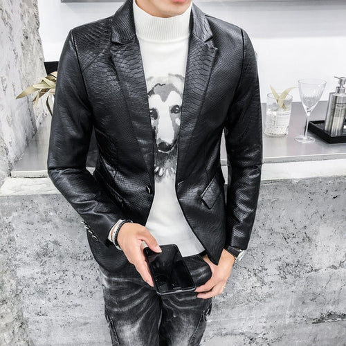 Load image into Gallery viewer, PU Textured Leather Business Korean Solid Color Blazers-men-wanahavit-black-M-wanahavit
