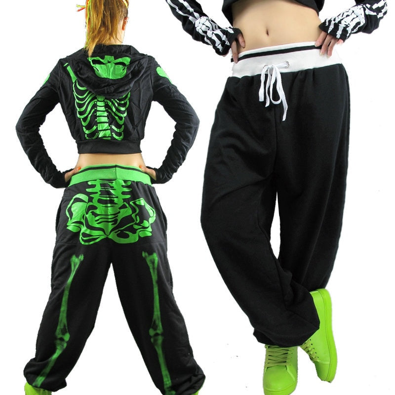 Skeleton Printed Hip Hop Dance Loose Harem Pants-women-wanahavit-Green-One Size-wanahavit