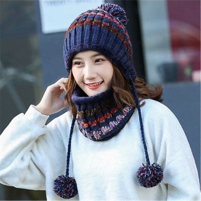 2 Pieces Big Pom Pom Ball Casual Warm Knitted Winter Beanie & Scarf-women-wanahavit-2-wanahavit