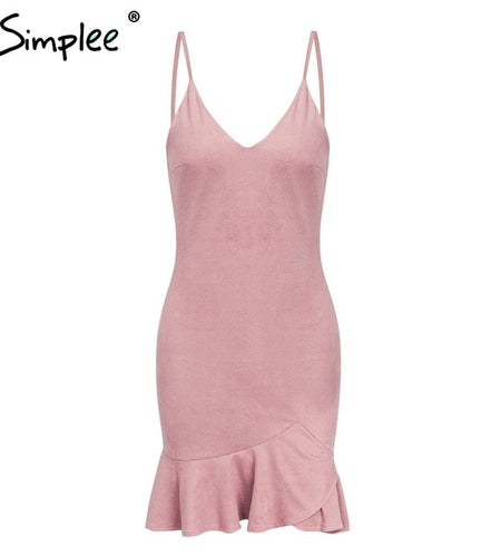 Suede V Neck Ruffle Hem Sexy Strap Bodycon Dress-women-wanahavit-Pink-S-wanahavit