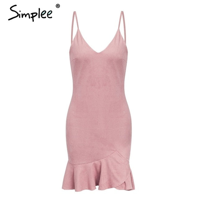 Suede V Neck Ruffle Hem Sexy Strap Bodycon Dress-women-wanahavit-Pink-S-wanahavit