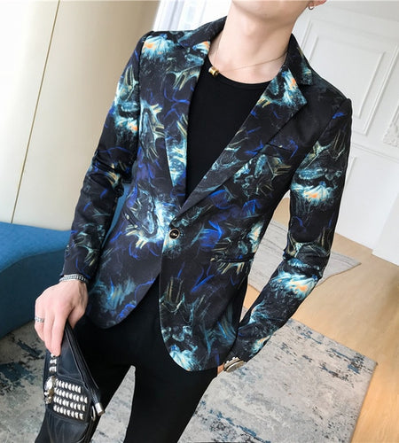 Abstract Printed Slim Fit One Button Blazer-men-wanahavit-Blue-M-wanahavit