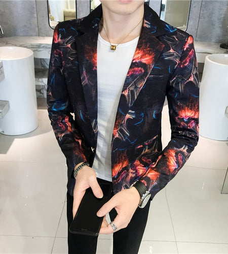 Abstract Printed Slim Fit One Button Blazer-men-wanahavit-Red-M-wanahavit