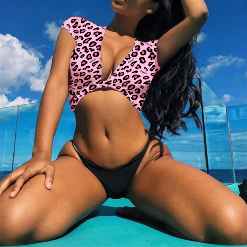 Sexy Short Sleeve Printed Brazilian Bikini-women fitness-wanahavit-Leopard-L-wanahavit