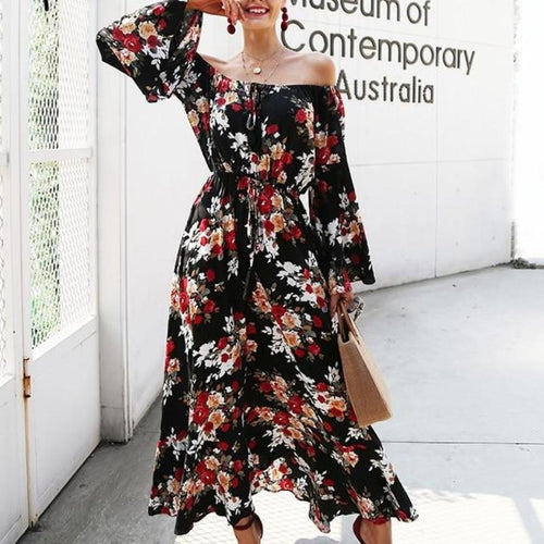 Load image into Gallery viewer, Boho Off Shoulder Floral Print Flare Sleeve Maxi Dress-women-wanahavit-Print-S-wanahavit
