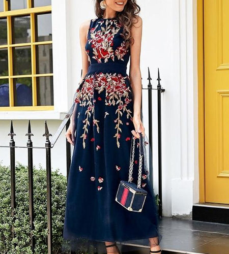 Floral Embroidery Mesh Overlay Party Sleeveless Long Dress-women-wanahavit-Navy blue-S-wanahavit