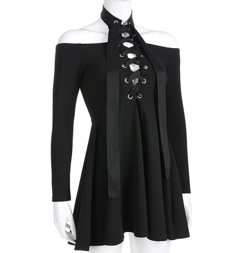 Gothic Bandage Long Sleeve Choker Pleated Dress-women-wanahavit-black-L-wanahavit