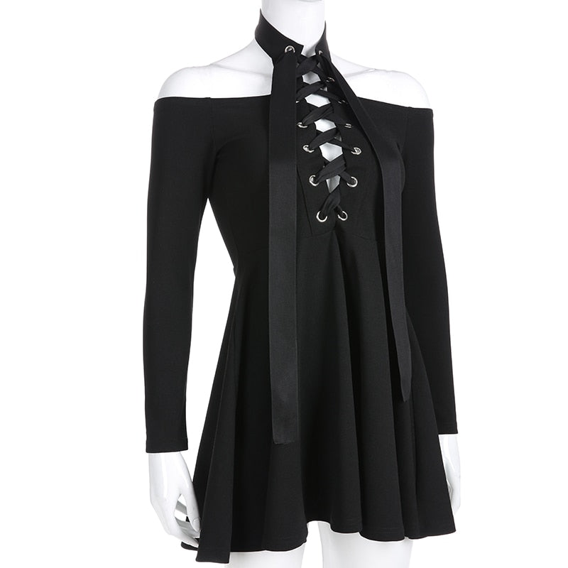 Gothic Bandage Long Sleeve Choker Pleated Dress-women-wanahavit-black-L-wanahavit