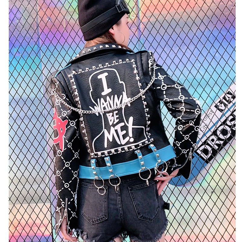 Punk Rock I Wanna Be Me Studded Leather Jacket-women-wanahavit-black-S-wanahavit