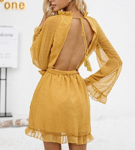 Lace Up Backless Mesh Elegant Sash Mini Dress-women-wanahavit-Yellow-S-wanahavit