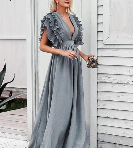 Elegant Angel Wings Ruffles Maxi Dress-women-wanahavit-Gray-S-wanahavit