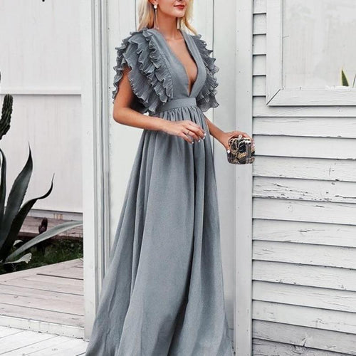 Load image into Gallery viewer, Elegant Angel Wings Ruffles Maxi Dress-women-wanahavit-Gray-S-wanahavit
