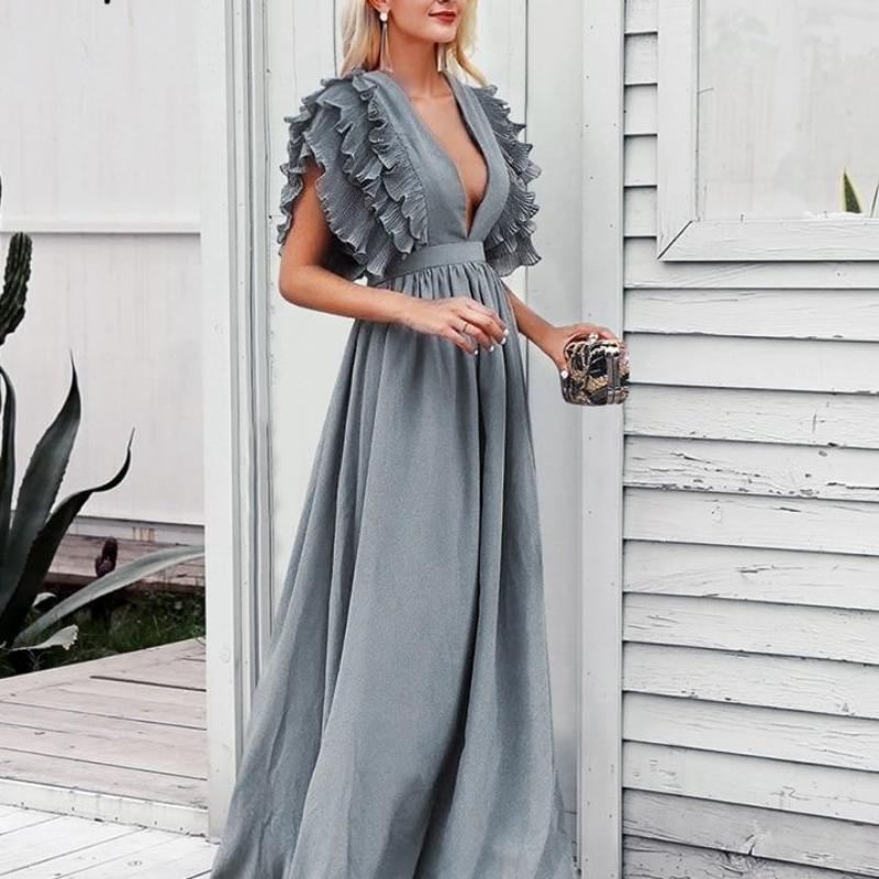 Elegant Angel Wings Ruffles Maxi Dress-women-wanahavit-Gray-S-wanahavit