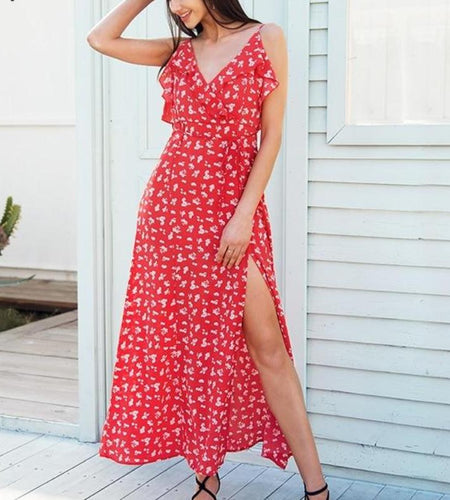 V Neck Ruffle Floral Print Summer Backless Dress-women-wanahavit-Red-S-wanahavit