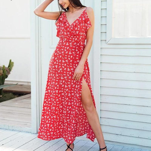 Load image into Gallery viewer, V Neck Ruffle Floral Print Summer Backless Dress-women-wanahavit-Red-S-wanahavit
