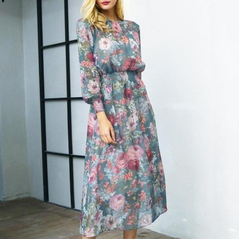 Elegant Floral Print Long Chiffon Maxi Summer Dress-women-wanahavit-Green-S-wanahavit