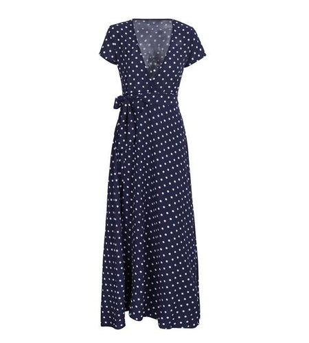 Deep V Neck Polka Dot Bow Knot Maxi Dress-women-wanahavit-dark blue-S-wanahavit