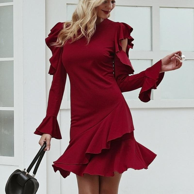 Ruffles Off Shoulder Long Sleeve Sexy Dress-women-wanahavit-Burgundy-S-wanahavit