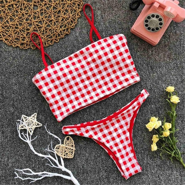 Sexy Thick Plaid Brazilian Bikini-women fitness-wanahavit-Red-L-wanahavit