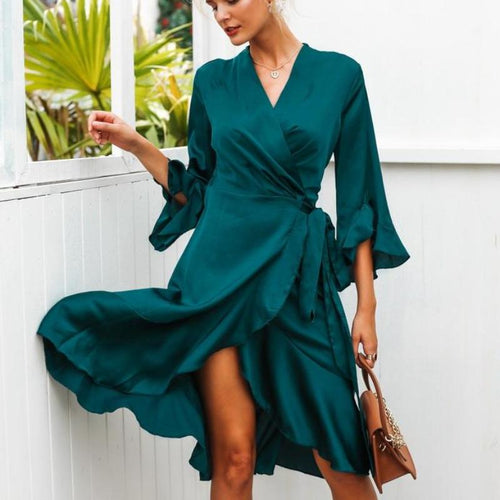 Load image into Gallery viewer, Elegant Satin Ruffle Flare Sleeve Wrap Dress-women-wanahavit-Green-S-wanahavit
