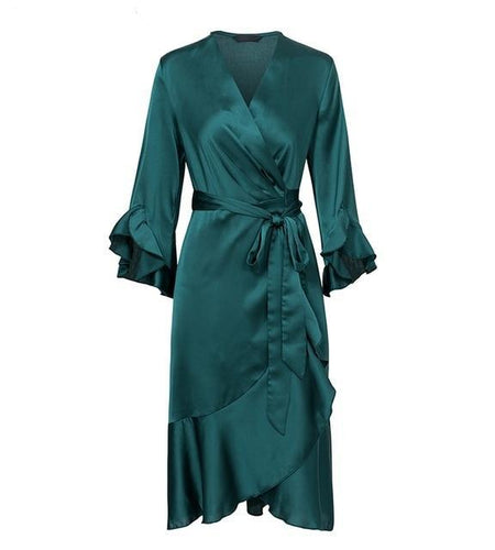 Elegant Satin Ruffle Flare Sleeve Wrap Dress-women-wanahavit-Green-S-wanahavit