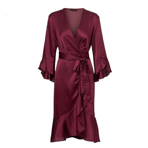 Load image into Gallery viewer, Elegant Satin Ruffle Flare Sleeve Wrap Dress-women-wanahavit-Burgundy-S-wanahavit
