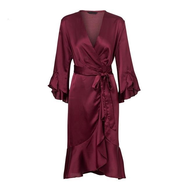 Elegant Satin Ruffle Flare Sleeve Wrap Dress-women-wanahavit-Burgundy-S-wanahavit