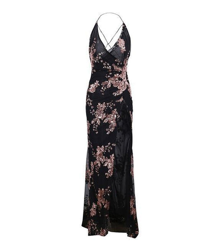 Sexy Lace Up Halter Sequin Party Split Maxi Dress-women-wanahavit-Black-S-wanahavit