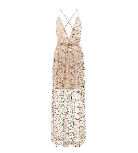 Sexy Sequin Lace Mesh Long Backless Party Dress-women-wanahavit-Champagne-S-wanahavit
