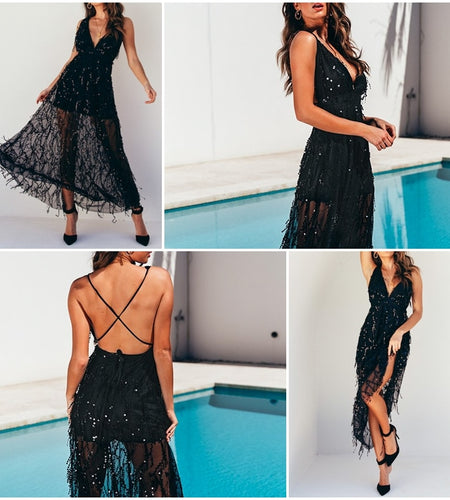 Sexy Sequin Lace Mesh Long Backless Party Dress-women-wanahavit-Black-S-wanahavit