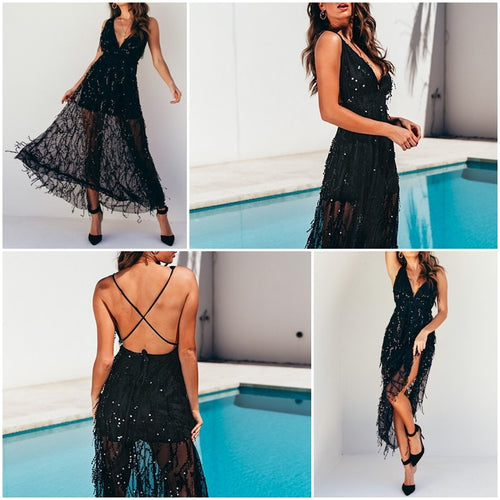 Load image into Gallery viewer, Sexy Sequin Lace Mesh Long Backless Party Dress-women-wanahavit-Black-S-wanahavit
